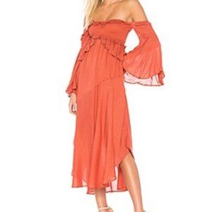 Rust off-the-should high-low dress